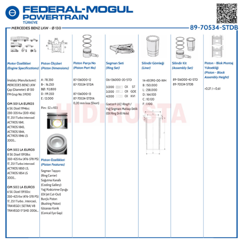 Piston Set 130.00Mm Actros 501, 502, Travego 502 Euro 2-3  (Euro 4-5 Gömlekli)  (Std, Burçlu Tip)
