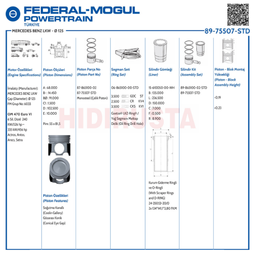 Piston Set 125.00Mm 470  1.Versiyon Lastikli (Std)